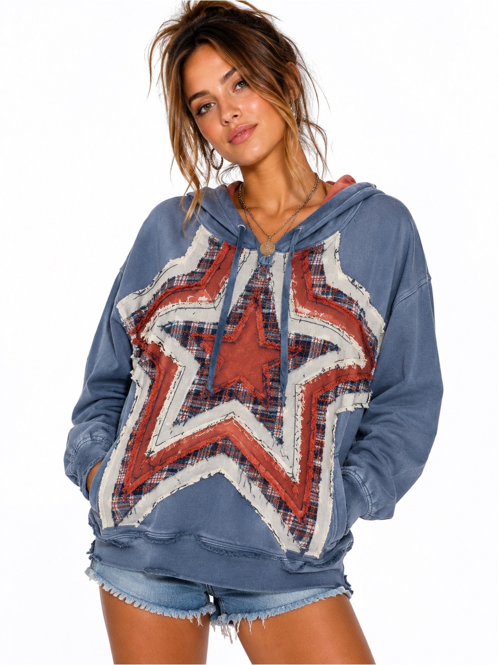Washed Blue Star Appliqué Hoodie Sweatshirt - Blue & Rust
